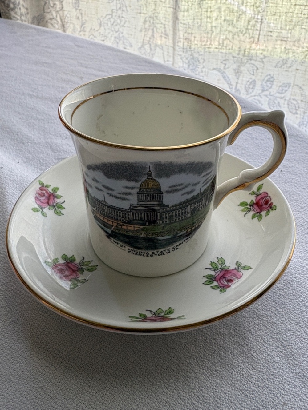 Vintage Jon Roth Bone China Floral Teacup Saucer Gold Trim Charleston WV Capital
